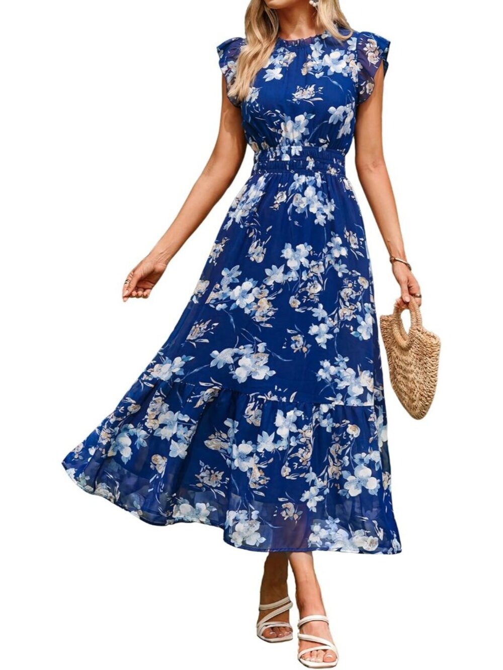Women's Blue Floral Short Sleeve Flowy A LINE Imported Casual Maxi Dress